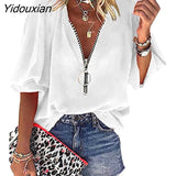 Yidouxian Spring Summer New Solid Color Half Sleeve Zipper V-Neck Blouses Women's Office Lady Casual Loose Shirt Women's Tops Blusas