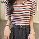 Yidouxian Women O-neck Soft Stretchy Summer Slim Vintage Casual Feminine Knitting Harajuku Street Style BF Popular Aesthetic Chic