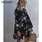 Yidouxian Elegant Autumn Winter Ruffles Print Dress Women O-neck Full Sleeve High Waist Floral Dress Female Black