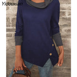 Yidouxian Waffle T-shirt Women Half Turtleneck Long Sleeve Button Solid Colour Patchwork Tops Spring Autumn Elegant Casual Clothes