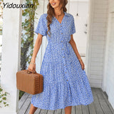 Yidouxian Spring Summer Long Print Dress Women 2023 New Casual Short Sleeve V Neck Single Breasted Temperament Leisure Dresses