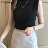 Yidouxian Women Solid Sleeveless Basic Fashion Femme Elegant All-match Korean Style Ladies Tops Half High Collor Student Casual Soft