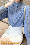 Yidouxian Lace Shirts For Women New Korean Hollow Out White Blouse Tops Female Stand Collar Long Sleeve Blouses Women Casual 12948