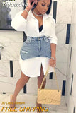 Yidouxian Solid Lapel Long Sleeve Single Breasted Shirt Dress and Irregular Denim Skirt Two Piece Set Women 2023 Cute Street Outfit