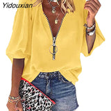 Yidouxian Spring Summer New Solid Color Half Sleeve Zipper V-Neck Blouses Women's Office Lady Casual Loose Shirt Women's Tops Blusas