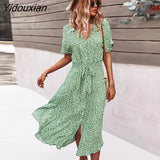 Yidouxian Spring Summer Ladies Bandage Dress Women Medium Long Sleeve Button Floral Print Holiday Style Chic Dress Female