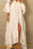 Yidouxian Lantern Sleeve Sundress Women Dress Fashion Lapel Neck Boho Printing Shirt Dress Single Breasted Maxi Dress Robe Femme