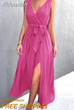Yidouxian Women Elegant V Neck Long Split Dress 2023 Summer Sleeveless Maxi Beach Dresses Ladies Lace-up Party Dress Vestidos De Verano