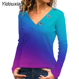 Yidouxian Elegant Knitted Loose T-shirt V Neck Button Splicing Long Sleeves Tops Women Casual Commuter Cotton Solid Color Clothing