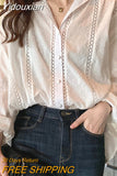 Yidouxian Fashion Oversized Hollow Lace Woman Shirt Turn-down Collar Loose Ladies Tops Long Sleeve White Blouse Women Blusas 13127