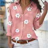 Yidouxian Single Breasted Cardigan Floral Print Shirt Women British Style Lapel Long Short Sleeve Blouse Commuter Casual Loose Top