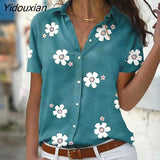 Yidouxian Single Breasted Cardigan Floral Print Shirt Women British Style Lapel Long Short Sleeve Blouse Commuter Casual Loose Top