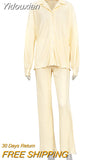 Yidouxian Causal Loose Home Suit Autumn Long Sleeve Blouse With High Wasit Pants Set Women Elegant Pleated Beige 2 Piece Pant Sets