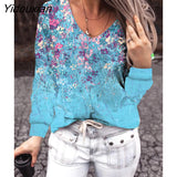 Yidouxian Female Autumn T-Shirt Tops Fashion Women Loose Collar V-Neck Floral Print Long-Sleeve Casual Street T-Shirt Топ