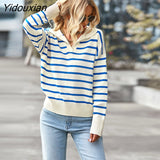 Yidouxian Winter 2023 New Women V Neck Long Sleeve Striped Loose Sweater For Ladies Soft Comfortable Thermal Knitted Top