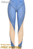 Yidouxian Mesh Patchwork Pencil Trousers Women Clothes Autumn 2023 Sexy See Through High Waist Pants Female Bottoms Streetwear 1003