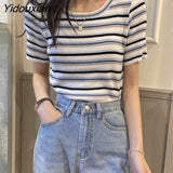 Yidouxian Women O-neck Soft Stretchy Summer Slim Vintage Casual Feminine Knitting Harajuku Street Style BF Popular Aesthetic Chic