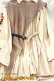 Yidouxian 2 Piece Set shirt Dress For Women Streetwear Pleated Midi Dress Irregular Knitted Vest Long sleeve Shirts 2023 Spring Autumn