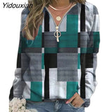 Yidouxian Patchwork Zipper V-Neck Women Sweatshirt Long Sleeve Loose Casual Ladies Hoodie 2023 Autumn Street Clothing Pullover Tops