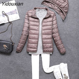 Yidouxian Winter Detachable Cap Women's Lightweight White Duck Down Jacket Hooded Zipper Full Sleeve Cropped Ultralight Coat