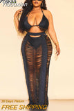 Yidouxian Solid Bikini Tops and Hollow Out See Through Long Skirts Two Piece Sets Womens Outfits Summer 2023 Sexy Holiday Beachwear