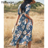 Yidouxian Spring Summer Long Floral Bandage Dress Women Sexy V Neck Slim High Waist Ladies A Line Print Maxi Dresses