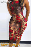 Yidouxian Women Chain Print Ruched Bodycon Dress 2023 Spring Summer Sleeveless Mock Neck Skinny Party Dresses Clubwear Vestido Midi
