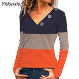 Yidouxian Elegant Knitted Loose T-shirt V Neck Button Splicing Long Sleeves Tops Women Casual Commuter Cotton Solid Color Clothing