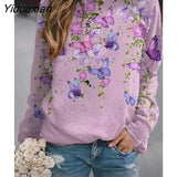 Yidouxian Autumn Women New Butterfly Floral Printed Sweatshirt Ladies O Neck Long Sleeve Casual Loose Hoodie Streetwear Pullover Tops