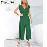 Yidouxian 2023 New Sexy Slim Jumpsuits High Waist Sleeveless Ruffle V Neck Pleated Wide Leg Pants Women For Fashion