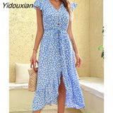 Yidouxian 2023 New Women Fashion Irregular Print Dress For Ladies V Neck Flying Sleeve High Waist Floral Dresses