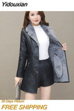 Yidouxian mid length leather jacket with slim fit and warm insulation, plush and thick plush women's fur collar jacket and jacket