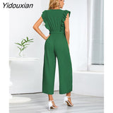 Yidouxian 2023 New Sexy Slim Jumpsuits High Waist Sleeveless Ruffle V Neck Pleated Wide Leg Pants Women For Fashion