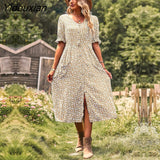 Yidouxian Printing A Line Floral Women Dress 2023 New Spring Summer V Neck Short Sleeve Single Breasted High Waist Dresses