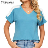 Yidouxian Fashion Short Sleeve Shoulder Color Blocking T-Shirt Female 2023 Summer Casual Streetwear V Neck Cotton Tees Women's Tops