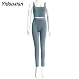 Yidouxian Knitted Women 2 Piece Set Gym Crop Tank Top Leggings Set Casual Streetwear Sporty Tracksuit 2023 Summer Active Wear