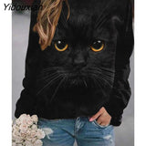 Yidouxian and Autumn Women T Shirt Cute Cat Kitten Print Long Sleeve Ladies Graphic TShirt Casual O-Neck Cartoon Female Tee Tops