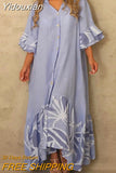 Yidouxian Lantern Sleeve Sundress Women Dress Fashion Lapel Neck Boho Printing Shirt Dress Single Breasted Maxi Dress Robe Femme