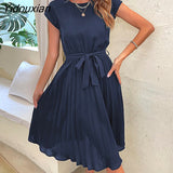 Yidouxian 2023 New Summer Holiday Women's O Neck Short Sleeve Solid Color Pleadted Chic Pleated Dress