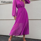 Yidouxian Women Fall V Neck Solid Color Long Sleeve High Waist Purple Tie Dress For Ladies Fashion All Match