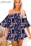 yidouxian Off Shoulder Loose Chiffon Rompers Overalls Women Casual Beach Wide Leg Blue Playsuits Plus Size Ruffle Summer Romper