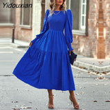 Yidouxian 2023 New Women Fashion Swing Dress For Ladies O Neck Puff Sleeve Solid Color High Waist Temperament Casual Midi Dresses