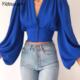 Yidouxian Spring New Lantern Sleeve Tops Women Splicing Solid Color Button V-Neck Shirt Cardigan Slim Fit Female Casual Office Blouse