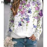 Yidouxian Autumn Women New Butterfly Floral Printed Sweatshirt Ladies O Neck Long Sleeve Casual Loose Hoodie Streetwear Pullover Tops