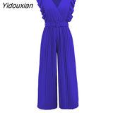 Yidouxian 2023 New Sexy Slim Jumpsuits High Waist Sleeveless Ruffle V Neck Pleated Wide Leg Pants Women For Fashion