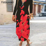 Yidouxian New Butterfly Printed Long Autumn Pocket Sexy Zipper V-Neck Long Sleeve Dress Women Party Boho Vintage Maxi Dress Plus Size