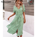 Yidouxian Spring Summer Ladies Bandage Dress Women Medium Long Sleeve Button Floral Print Holiday Style Chic Dress Female