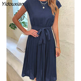 Yidouxian 2023 New Summer Holiday Women's O Neck Short Sleeve Solid Color Pleadted Chic Pleated Dress