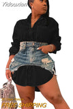 Yidouxian Solid Lapel Long Sleeve Single Breasted Shirt Dress and Irregular Denim Skirt Two Piece Set Women 2023 Cute Street Outfit