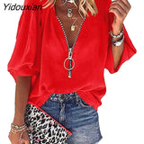 Yidouxian Spring Summer New Solid Color Half Sleeve Zipper V-Neck Blouses Women's Office Lady Casual Loose Shirt Women's Tops Blusas